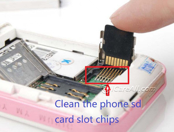 Clean the phone sd card slot chips