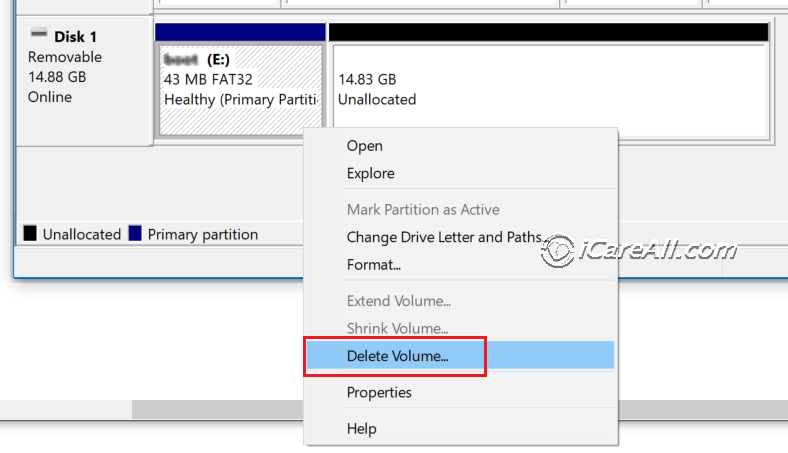 Delete volume for sd card disk management