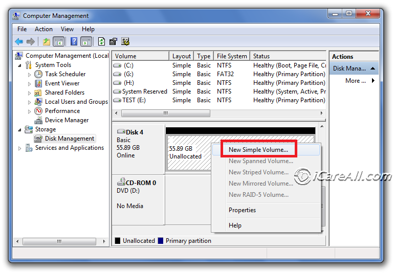 create volume for sd card from disk management