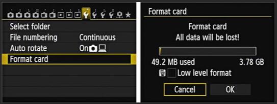 Format sd card in camera