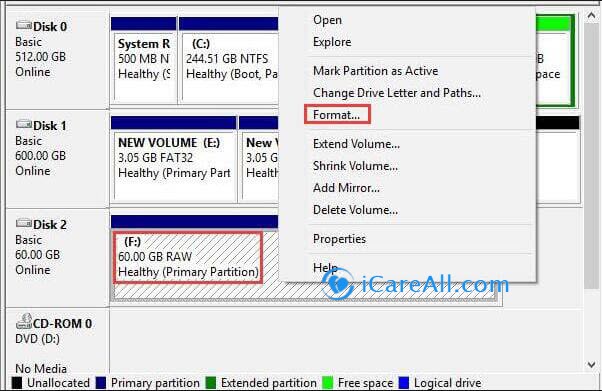 Convert raw drive to NTFS with disk management