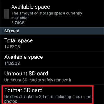 Settings Format sd card