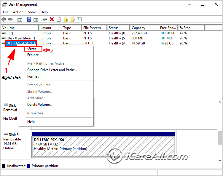 open sd card from disk management