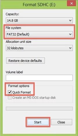 Formatting sd fat32